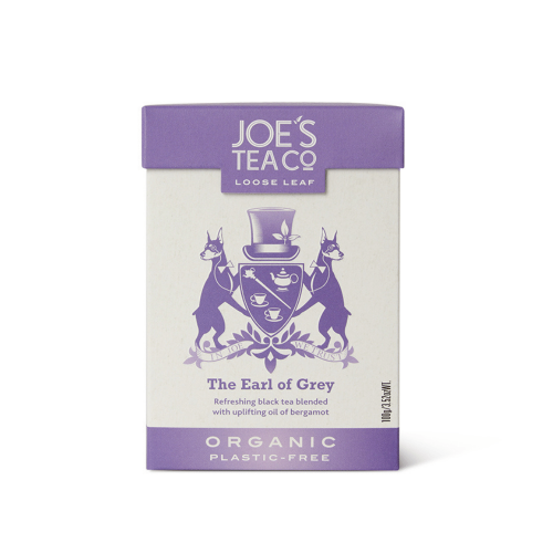 A white background image of a box of Joe's Tea Loose Leaf Earl Grey Tea.