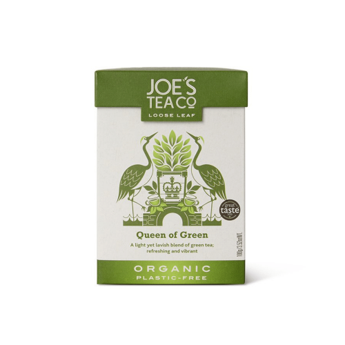 A white background image of a box of Joe's Tea Queen of Green Loose Tea.