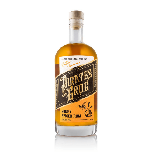 A white background image of a 70cl bottle of Pirates Grog Honey Spiced Rum.