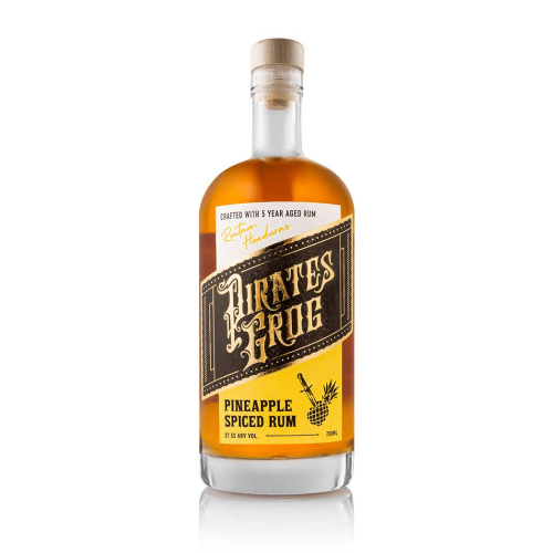 A white background image of a 70cl bottle of Pirates Grog Pineapple Spiced Rum.