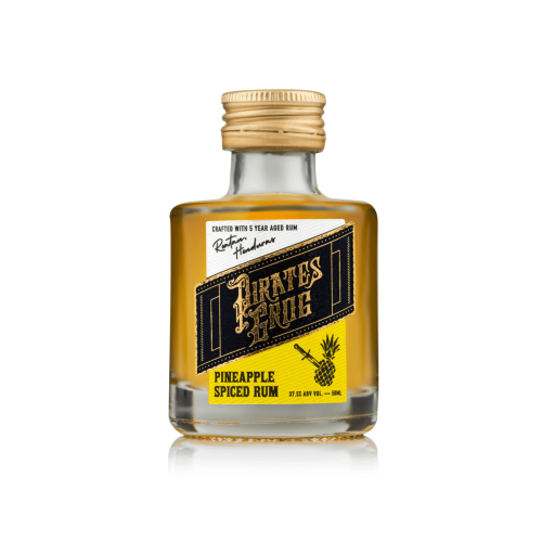A white background image of a 5cl bottle of Pirates Grog Pineapple Spiced Rum.