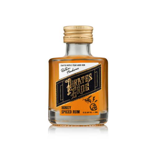 A white background image of a 5cl bottle of Pirates Grog Honey Spiced Rum.