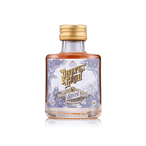 A white background photo of a 5cl bottle of Pirates Grog Spiced Rum.