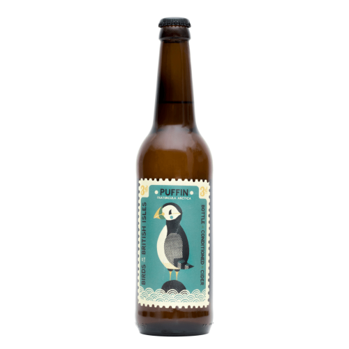 A white background image of a 500ml bottle of Puffin Cider by Perry's Cider.