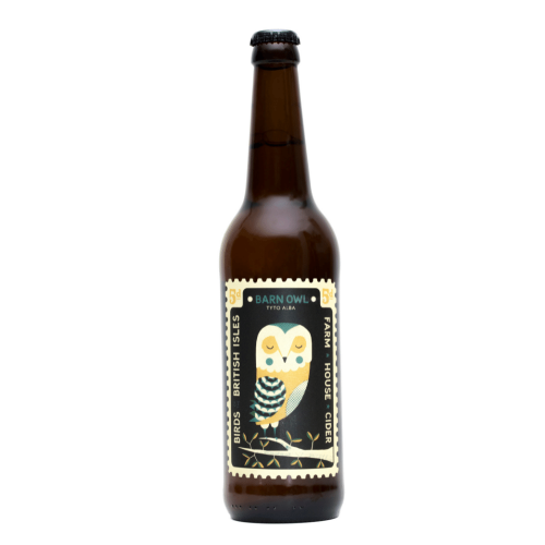 A white background image of a 500ml bottle of Barn Owl Cider by Perry's Cider.