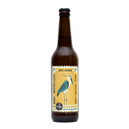 A white background image of a 500ml bottle of Grey Heron Cider by Perry's Cider.