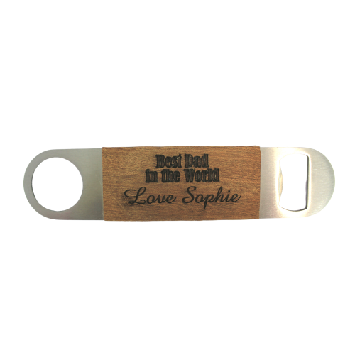 A white background image of a personalised Best Dad in The World Bottle Opener by The Chuckling Cheese Company. 