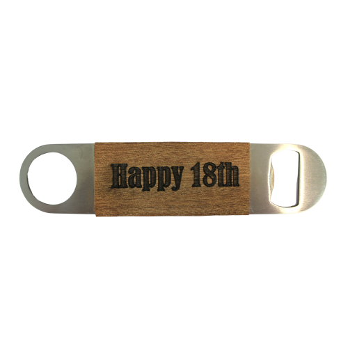 A white background image of the Happy 18th Bottle Opener by The Chuckling Cheese Company.