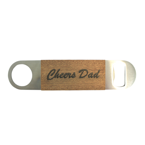 A white background image of the engraved Cheers Dad bottle opener by The Chuckling Cheese Company.