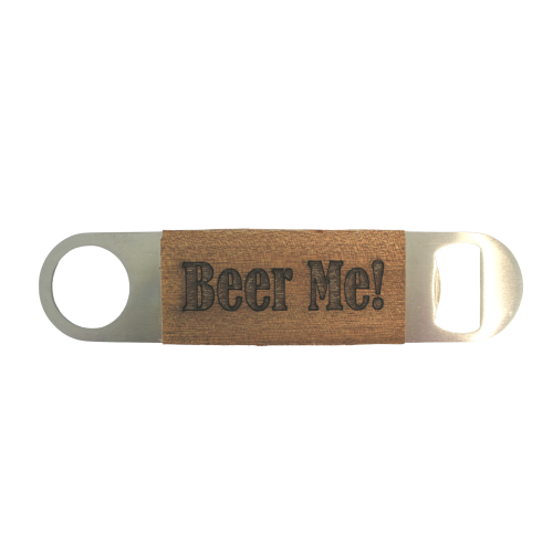 A white background image of the engraved Beer Me! Bottle Opener by The Chuckling Cheese Company.