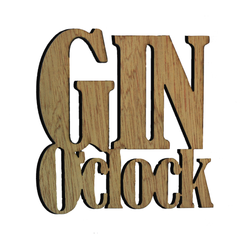 A white background image of the Gin O'clock Wooden Coaster by The Chuckling Cheese Company.