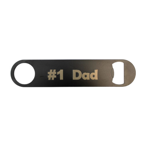 White background image of a metal bar blade engraved with number one dad