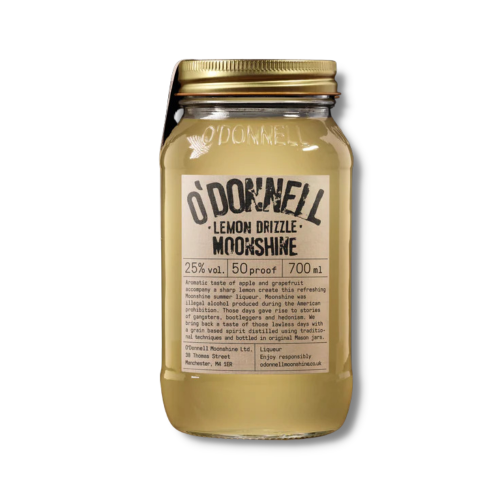 A white background image of a 700ml bottle of lemon drizzle flavoured Moonshine by O'Donnell.