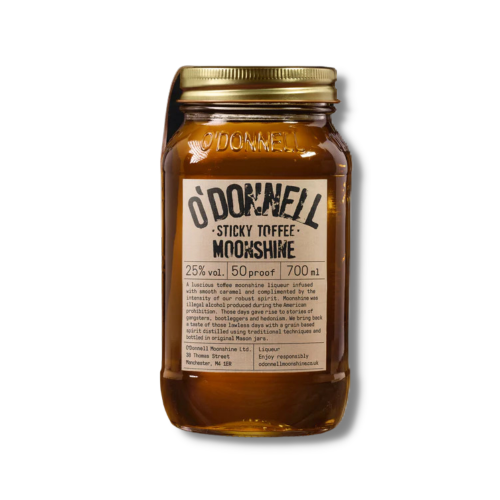 A white background image of a 700ml bottle of Sticky Toffee flavoured Moonshine by O'Donnell.