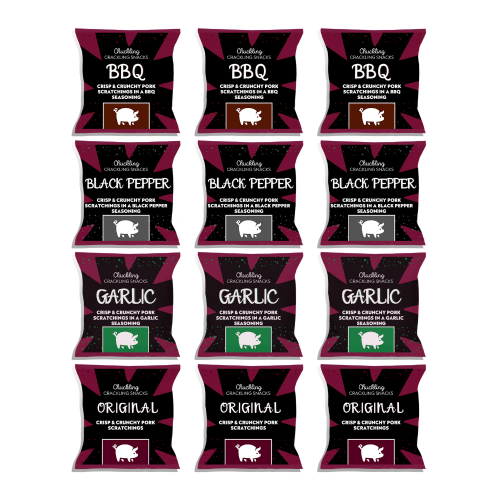 Mock up of a case of 12 packs of pork scratchings by The Chuckling Cheese Company with flavours including original, garlic, BBQ, and black pepper