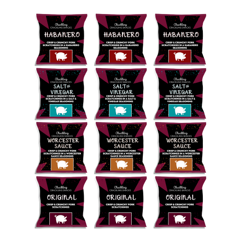Mock up of a case of 12 packs of pork scratchings by The Chuckling Cheese Company with flavours including original, salt & vinegar, Worcester sauce, and Habanero.