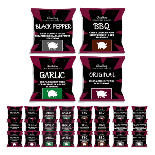 Mock up of a case of 24 packs of pork scratchings by The Chuckling Cheese Company with flavours including original, garlic, BBQ, and black pepper.