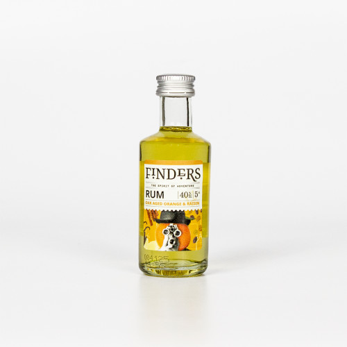White background product image of a single bottle of 5cl Finders Orange and Raisin Rum