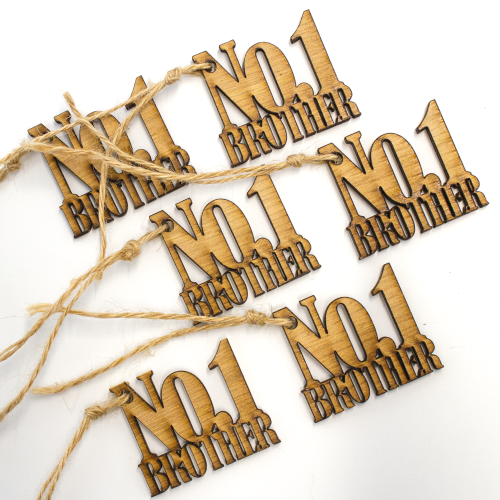A close up image of a 6 pack of No.1 Brother Wooden Gift Toppers