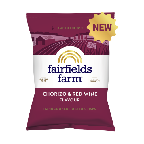 White background product image of a single bag of 150g Fairfields Chorizo & Red Wine Flavour Crisps