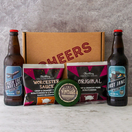 Grey background image of the Aero Beer Gift Set including two beers and two packets of pork scratchings