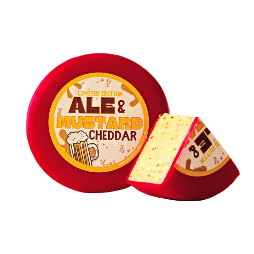 Cut open image of the Ale and Mustard Cheddar Truckle on a white background