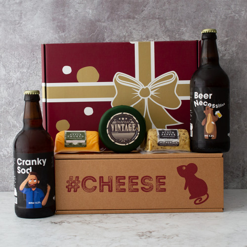 Comedy Craft Beer & Artisan Cheese Gift Hamper on a grey background