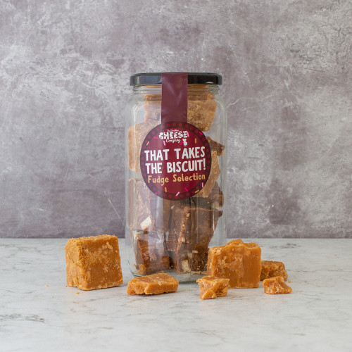 Grey background image of the That Takes The Biscuit Fudge Jar by The Chuckling Cheese Company