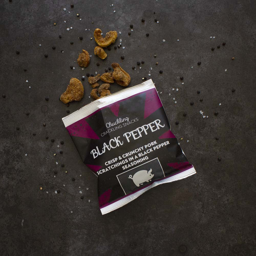 Black Pepper Flavoured Pork Scratchings Packet Opened, Available Now at The Chuckling Cheese Company