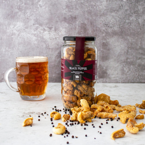Black Pepper Flavoured Pork Scratchings Gift Jar with beer, Available Now at The Chuckling Cheese Company