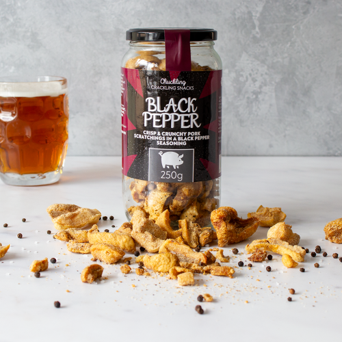 Black Pepper Flavoured Pork Scratchings Gift Jar with beer, Available Now at The Chuckling Cheese Company