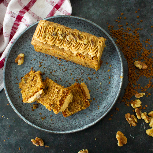 An image of the Espresso and Walnut Midi Loaf Cake availble to purchase from The Chuckling Cheese Company