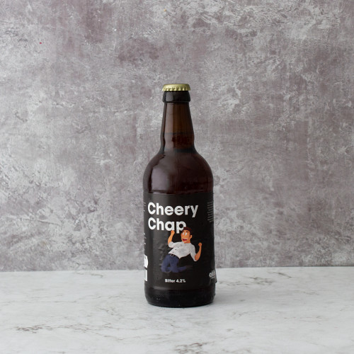 Grey background image product shot of the Cheery Chap Comedy Beer