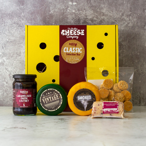 Grey background image of the Classic Cheese Selection Box Contents 