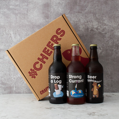 Grey background image of the Comedy Beer Gift Box with a trio of beers included