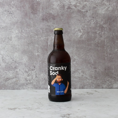 Grey background image product shot of the Cranky Sod Comedy Beer