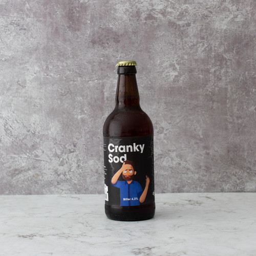 Grey background image product shot of the Cranky Sod Comedy Beer