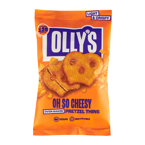A white background image of Olly's Pretzels Oh So Cheesy Pretzel Thins.