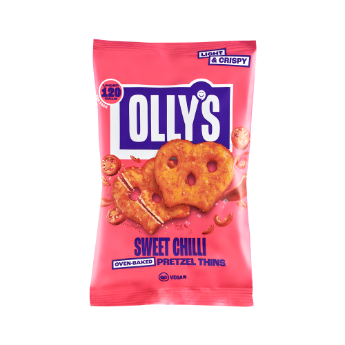 A white background image of Olly's Pretzels Sweet Chilli Pretzel Thins.