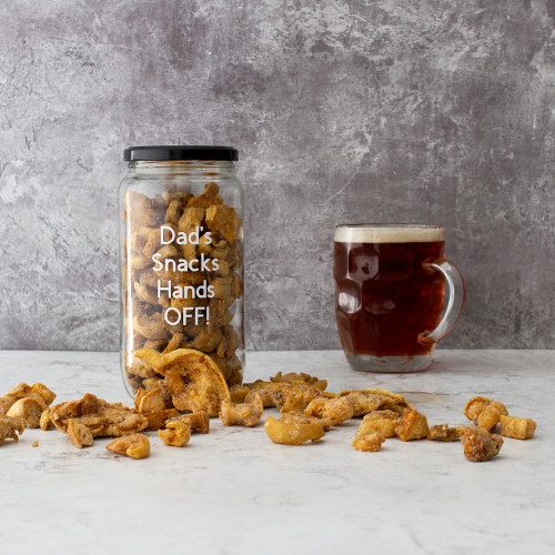 Lifestyle image of a jar of Pork Scratchings printed with Dad's Snacks Hands Off! 
