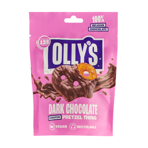 A white background image of a pack of Olly's Pretzels Dark Chocolate Pretzel Thins.