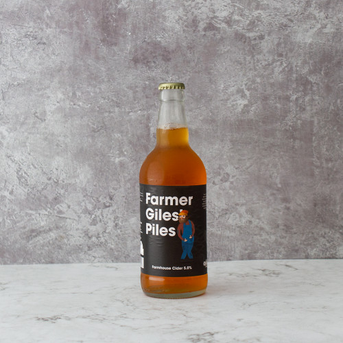 Grey background image of a single bottle of Farmer Giles Piles Cider