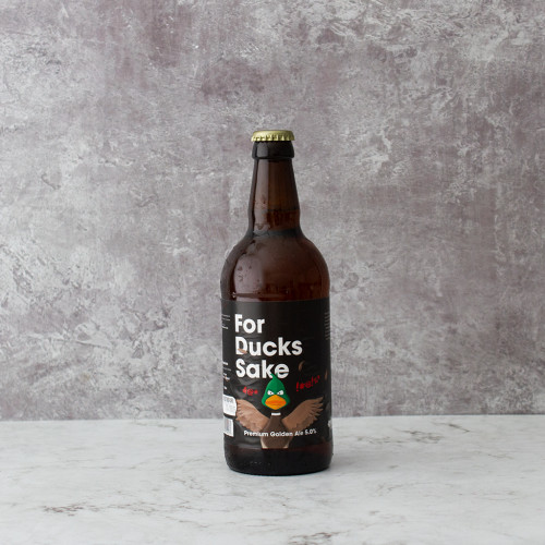 Grey background image product shot of the For Ducks Sake Comedy Beer