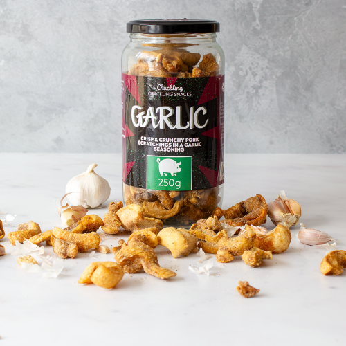Garlic Pork Scratchings Gift Jar, Available Now at The Chuckling Cheese Company