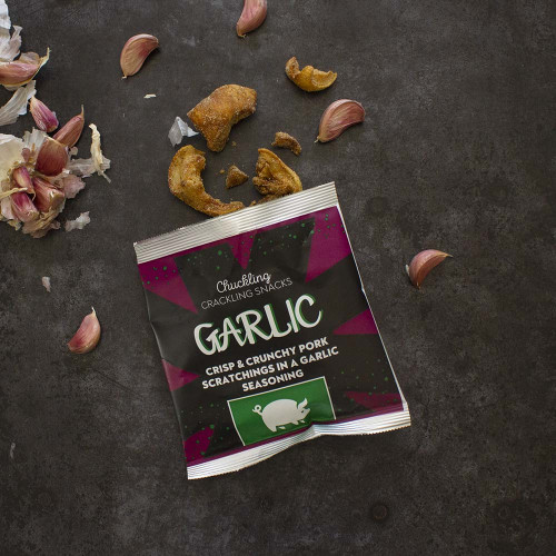 Garlic Flavoured Pork Scratchings Packet Opened, Available Now at The Chuckling Cheese Company