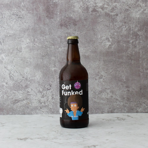 Grey background image product shot of the Get Funked Comedy Beer