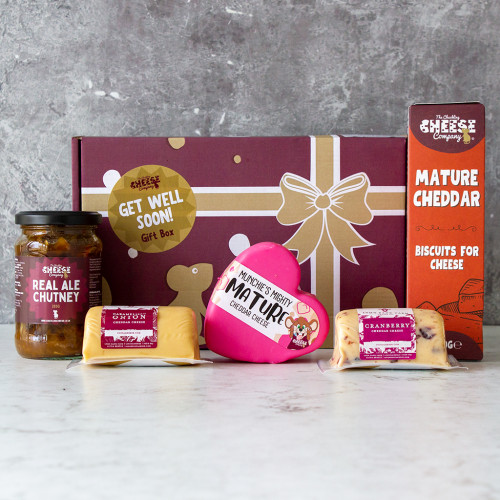 Get well soon gift, perfect to present to a loved one, this cheese gift box is complete with a selection of artisan cheddar cheese's, chutney and cheese biscuits.