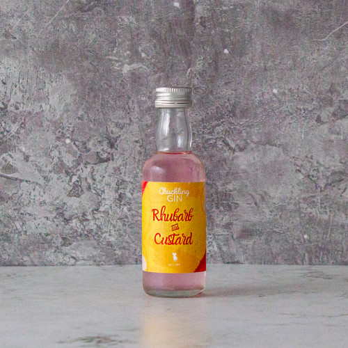 5cl bottle of Chuckling Cheese Rhubarb & Custard Gin 