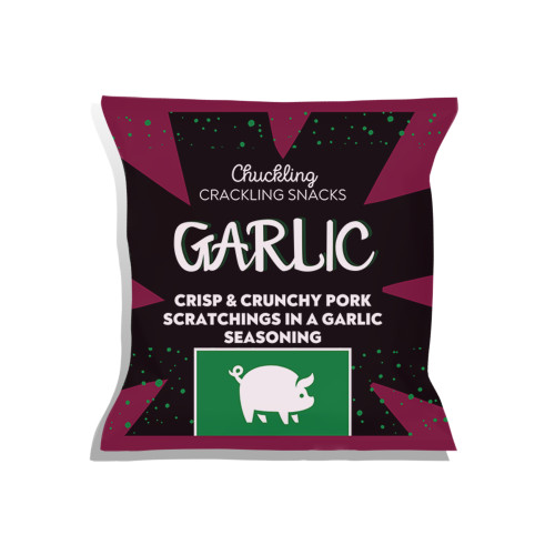 Garlic Flavoured Pork Scratchings Packet, Available Now at The Chuckling Cheese Company