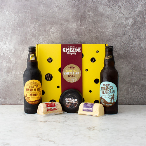 Product image of the Gluten Free Cheese & Ale Gift Box on a grey background